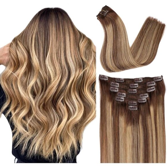 Clip in Hair Extensions Human Hair 14 Inch Brown Blonde Highlights Full Head main image 6